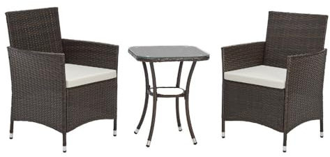 EVRE Copenhagen Outdoor Rattan Garden Bistro Set 3 Piece Wicker Table and Chairs Furniture with Cushions Glass Top Coffee Table for Conservatories Balcony Patio Poolside and Terrace (Brown)