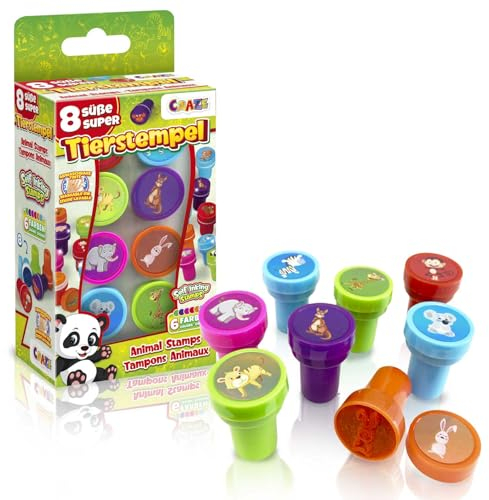 CRAZE Stempelset Kinder - 8 Stempel Kinder mit Tiermotiven, Tierstempel in 6 Farben, Kinderstempel abwaschbar, Bastelset Kinder