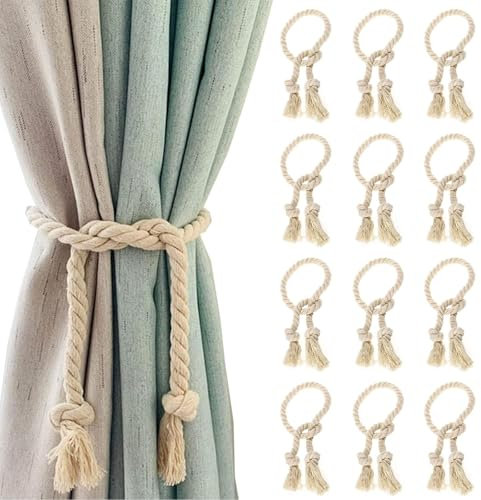 12 Stück Vorhangseil Raffhalter, Raffhalter Vorhang Seil Curtain Rope Buckle Handgemachte Vorhang, Vorhang-Raffhalter, Baumwolle, Handgewebt, Raffhalter, Vorhangbänder für Vorhänge (Beige)