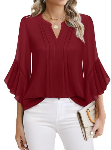 Timeson Women's 3/4 Sleeve Tops Dressy Casual Business Work Blouses Chiffon Shirts, Ancora Red, L