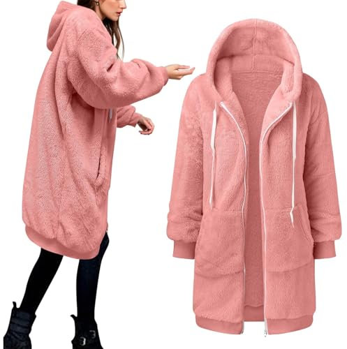 Winterjacke Damen Lang Warm Gefüttert Grosse Grössen - Teddyjacke Mit Kapuze Kapuzenpullover Teddy-Fleece Warm Wintermantel Plüschjacke Teddyfleece-Jacke Mantel Mit Taschen Kapuzenjacke Sweatjacke