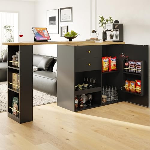 Lexiou Um 360° drehbarer Bartisch (Hauptkörper 105 x 39 x 102 cm), mit 2 Schubladen und Schiebetürschrank, 3 Ebenen offener Stauraum (Schwarz)