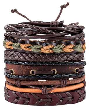 Dinghaole 6 Pcs Punk Braided Leather Bracelet Set - Adjustable Fashion Wrap for Men & Women With Wood Beads - Vintage Rope Style