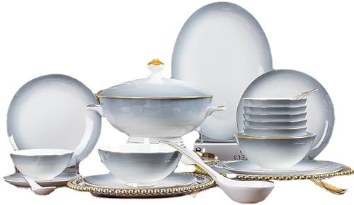 NNYCC Service Table pour 6 Personnes glaçure réactive Porcelaine osseuse Haute qualité Décorée Main d'un Bord doré Résistant aux Rayures Convient pour Micro Ondes Lave Vaisselle,40 Piece Set