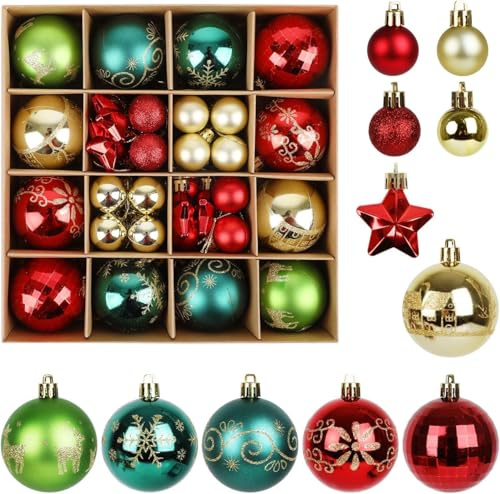 DERAYEE Weihnachtskugeln Rot, Grün und Gold, Weihnachtsdekoration für den Innenbereich, Set mit 46 Weihnachtskugeln für Weihnachtsbaum