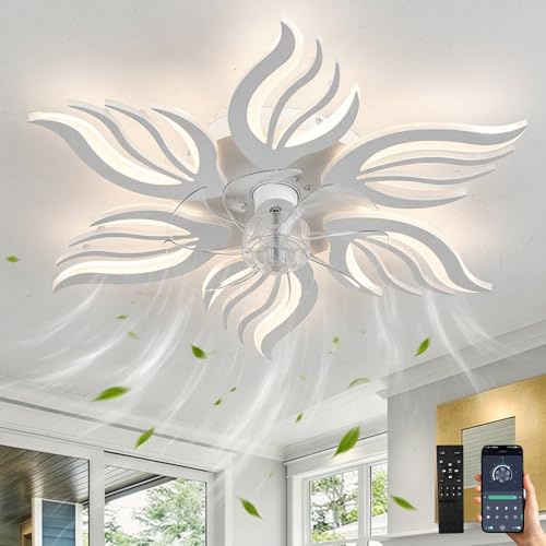 GWYAJTU Schlafzimmer Deckenventilator Licht Mit Fernbedienung APP,LED Dimmbar Lampe Mit Ventilator Mit Memory Funktion,6 Gang Reversibel Blume Ventilator Mit Licht Mit Timer Für Wohnzimmer, Weiß