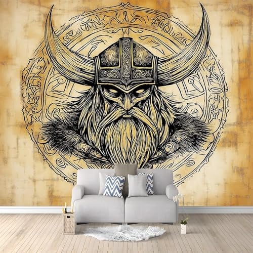 WHUOEUCO 3D Wallpaper Mural Vintage Viking Warrior Totem 300x210 cm Modern Art Wall Murals Photo Wallpaper, for Living Room Bedroom Children's Room Home Decoration, Easy to Install