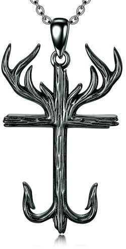 PROESS Schwarzes Kreuz kette Herren 925 Sterling Silber Geweih Angelhaken Anhänger Halskette Kreuz Schmuck Geschenk für Vater Jagd Liebhaber