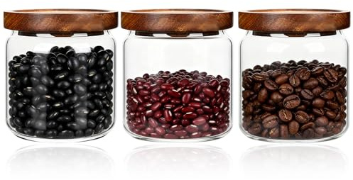 500ml Glass Storage Jars with Airtight Wood Lids Stackable Fluted Food Containers for Pasta Coffee Beans Grains Flour Clear Food Storage Canister for Home & Kitchen,Set of 3