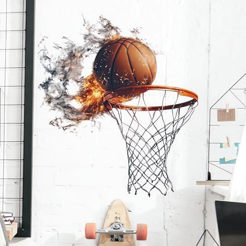 sacinora Basketball Basket Sport Wall Stickers, Basketball Fire Art Wall Decals Removable Vinyl Peel and Stick Nursery Bedroom Playroom Home Decorations