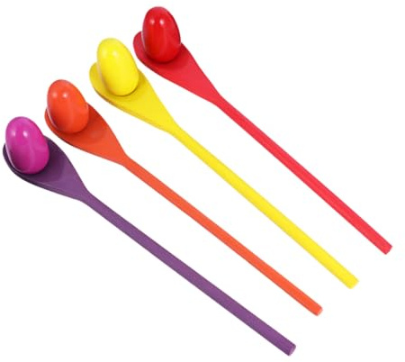 UKCOCO 4 Ensemble Jeu de Course Aux Œufs Bois pour Garçon Fille Set de Cuillères et Œufs Colorés Jeu Plein Air pour Fête et Activités Famille