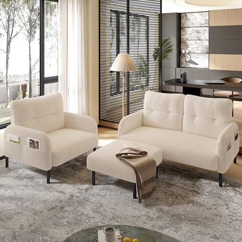 ZIDEY Schlafsofa 3er Set - Sessel + Hocker + 2-Sitzer Sofa - Modular kombinierbar Sofa mit Seitentasche Für Wohnzimmer & Schlafzimmer, Beige