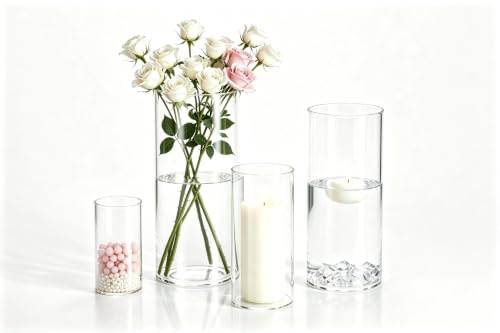 Glasvase Set, 4 Stück, Zylindrische Form, Transparent, für Rosen und Tulpen, Moderne Tischdekoration, Blumenvase für Hochzeit und Wohnzimmer (10, 15, 20, 25 cm, 4 Stück)