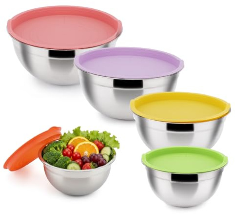 Gabrella Mixing Bowls with Airtight Lids Set, 5 Pieces Stainless Steel Salad Bowl Set for Space-Saving Storage, Size 1.5/2/2.5/3.5/4.5QT, Suitable for Mixing, Preparing & Serving