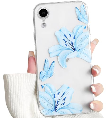 NITITOP für iPhone XR Hülle Durchsichtig Blume Lilien, Blau | Süß Floral Schmetterlinge Muster, für Frauen Mädchen, Hauchdünn TPU, mit Vollständiger Kameraschutz, Stoßfest Handyhülle