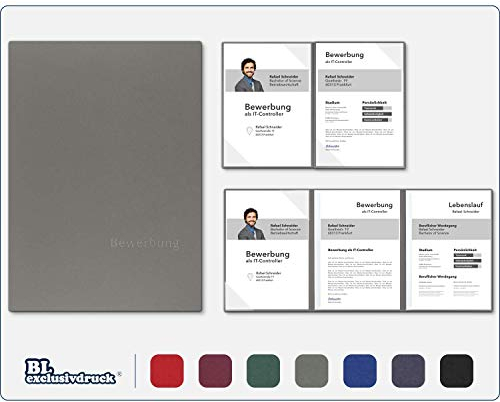 5 Stück 4-teilige Bewerbungsmappen BL-exclusivdruck® MEGA-plus in Steingrau - Premium-Qualität mit edler Relief-Prägung 'Bewerbung' - Produkt-Design von 'Mario Lemani'