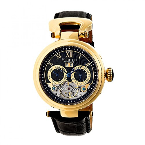 HERITOR Ganzi Automatic Watch for Men – 44mm Men’s Semi-Skeleton Watch with 35-Jewel Movement, 316L Stainless Steel Case, Sapphire-Coated Crystal, Leather Strap (HERHR3304) – Gold/Black