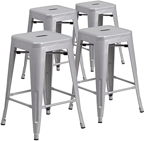 Flash Furniture 4 Stück in der Packung 60,96 cm hoher rückenfreier silberner Theke-Hocker mit quadratischem Sitz aus Metall für innen und außen