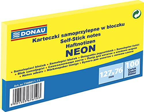 DONAU Notes Würfel Haftnotizen Neon-Gelb Selbstklebende Haftnotizzettel Sticky Notes 127x76mm, 1x100 Blatt, Notizblock klebend für Büro Schule