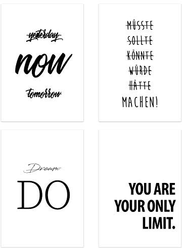 PICSonPAPER Poster 4er-Set Motivation, ungerahmt DIN A4, Yesterday, Now, Tomorrow, Don't Dream, Do, MÜSSTE. Machen! und You Are Your only Limit. (Motivation, ohne Rahmen)