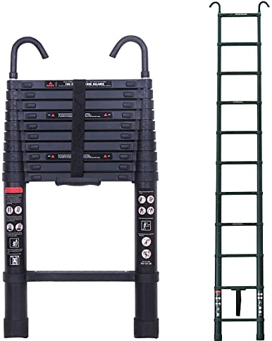 Verlängerbare Leiter mit 3,2 m und Haken, stabilere Dachbodenleiter, Teleskopleiter, Aluminium, leicht, tragbar, Dachbodenleiter, EN131-zertifiziert, 150 kg Tragkraft, mit rutschfesten Gummifüßen