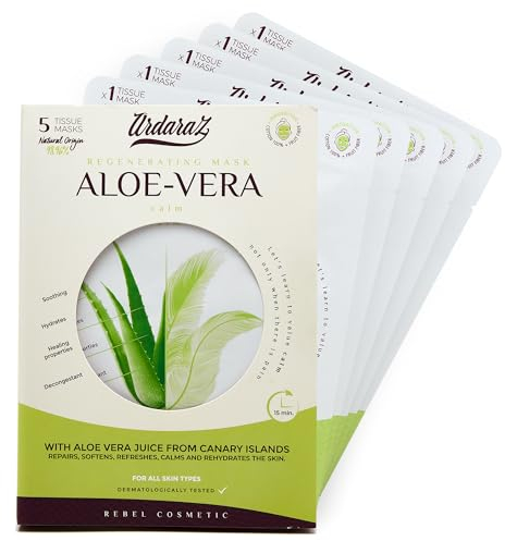 Ardaraz Masque hydratant visage Apaisants à l'Aloe Vera des Canaries. Lot de 5 masques pour le visage. Rafraîchissants, à l'Acide Hyaluronique. Hydratation Profonde avec effet immédiat.