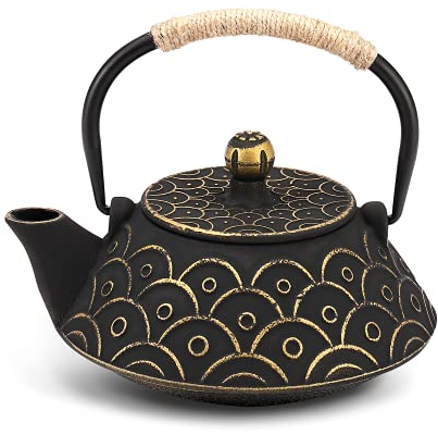 VUDECO Japanese Teapot Cast Iron Tea Kettle with Infuser Japanese Tea Set Tea Pots with Infusers for Loose Tea Kettle Set Cast Iron Tea Kettle Stove Top Safe, Black with Gold Wave Pattern 30oz / 900ml