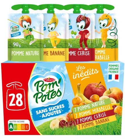 POM'POTES® - Compote Gourde Sans Sucres Ajoutés* - Pomme Nature - Pomme Banane - Pomme Cerise - Pomme Mirabelle - Pommes Françaises - Source De Fibres - Nutri-Score A - 3 Ans Et Plus - 28 x 90g
