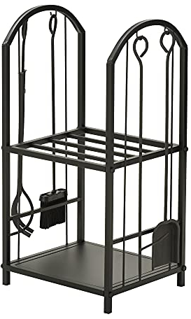 Outsunny Porte-bûches Range bûches 2 Niveaux étagère à Bois de cheminée serviteur de cheminée Multi-Accessoires 2 étagères dim. 41,5L x 32,5l x 74,5H cm métal Noir