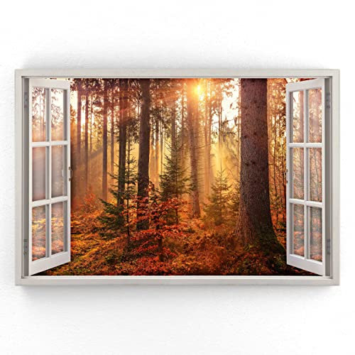 Estika - Leinwand Bilder Fensterblick - Sonnenuntergang, Wald - 120x80 cm - 1 teilige Wandbilder, Bild auf Leinwand, Modern Deko für wohnzimmer schlafzimmer - Natur Landschafts bilder - 5965A_1B