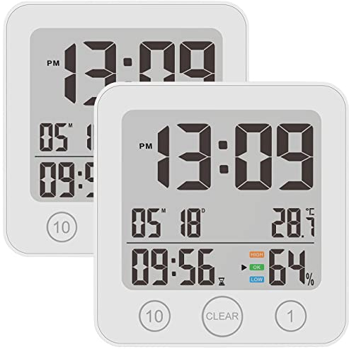 infactory Badezimmeruhr zum Hängen: 2er-Set Badezimmer-Uhr, Thermo-/Hygrometer, LCD, Saugnapf, Timer, IP54 (Badezimmeruhr zum Aufhängen, Digital Badezimmer Uhr)