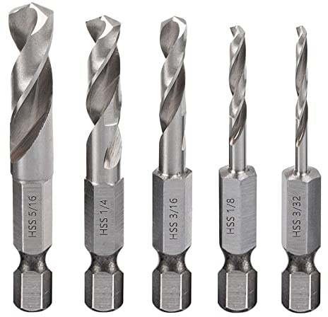 Saipe 5pcs 1/4 Quick Change Hex Shank Metal Stubby Drill Bits Short Drill Bit Set HSS M2 for Right-Angle Drill Attachment and Used in Tight Spaces, 3/32, 1/8, 3/16, 1/4, 5/16-Inch