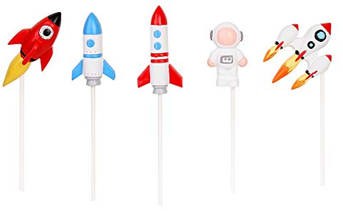 5 Stück Harz Weltraum Astronaut Rakete Kuchen Topper 2D Raumschiff Cupcake Picks Babyparty Jungen Mädchen Kindergeburtstag Party Kuchen Dekorationen Zubehör