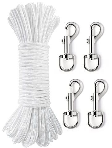 KCDMBUE 100ft Flag Pole Rope, Flag Pole Halyard Rope Kit with 4 Pcs Zinc Alloy Swivel Snap Hooks, Double Braided Nylon Flagpole Line Rope for Outdoor, Flag, Swing, Clothesline, Climbing, Camping