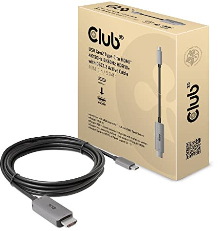 Club3D USB Gen2 Type-C auf HDMI™ 4K120Hz/8K60Hz HDR10, DSC1.2 Aktives Kabel St./St. 3m