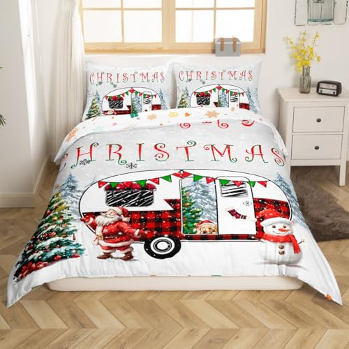Happy Camping-Bettbezug, Queen-Size-Bett, Weihnachtsmotiv für Wohnwagen, Weihnachtsdekoration, Wohnmobil, Bettdeckenbezug, für Kinder, Mädchen, Weihnachtsmann, Camping-Thema, Tagesdecke, 3-teilig, mit