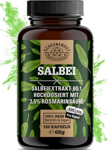 Salbei Kapseln 12000mg -WICHTIG: 60:1 Extrakt (12000mg reiner Salbei Hochdosiert je Tagesdosis) +2,5% Rosmarinsäure -Vegan und Laborgeprüft- DE SCHEUNENGUT®