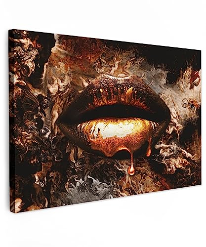 MuchoWow© Wandbilder Groß 120x80 cm XXL Schlafzimmer Home Goldene Deko Wohnung Bild Wohnzimmer Fotoleinwand Wand Bilder Leinwand Wall Decor Wanddeko Gold - Lippen - Kunst Druck