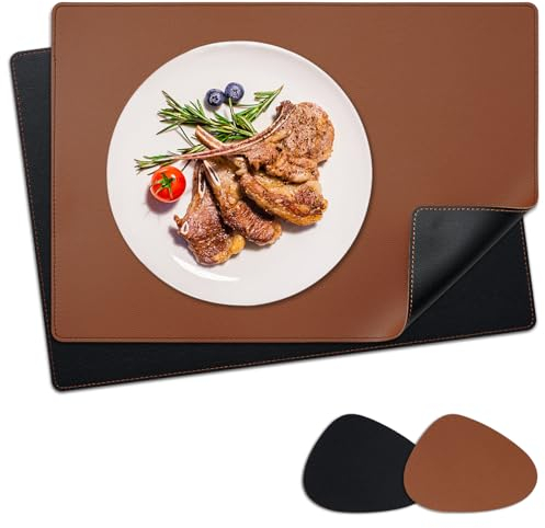 NOSTHEART Tovagliette Americane e Sottobicchieri, Lavabili Tovagliette in Pelle Resistenti al Calore con Bordi Cuciti, Tovagliette in Antiscivolo Impermeabili a Doppia Faccia, Nero Marrone2#, Set di 2