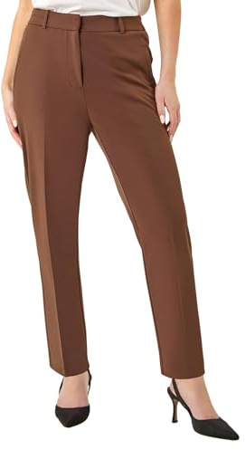 Roman Straight Leg Stretch Trousers for Women UK Ladies Work Office Smart Suit Pants Slacks Cigarette Tailored High Elasticated Waist Ankle Grazer Slim Angela - Short Brown (25 inch) - Size 16