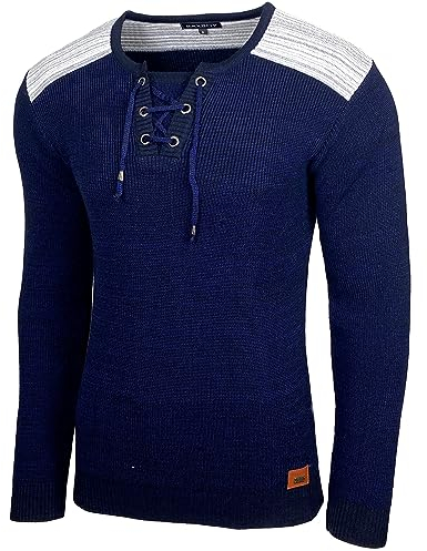 Baxboy Herren Pullover Slim Fit V-Neck Strick-Pullover Rundkragen Moderner Männer schwarzer Pulli Longsleeve in Feinstrick Sweatshirt BB-52205, Farbe:Blau, Größe:L