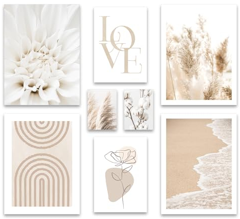ARTFAVES® Poster Set - BEIGE SOFTNESS - mehrteilige Wanddeko Wohnzimmer & Schlafzimmer - 8 moderne Wandbilder Abstrakte Formen, Pampasgras, Blüte, beige, Meer - ohne Bilderrahmen