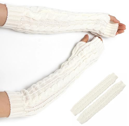 Andiker Women Arm Warmers, Winter Knitted Long Sleeve Fingerless Gloves with Thumb Hole, Mittens Wrist Warmers for Women and Men (White)