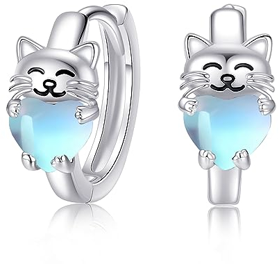 Katze Ohrringe Silber 925 Katzen Creolen Mondstein Mädchen Hypoallergen Ohrstecker Klein Katze Schmuck Geschenke für Kinder Damen……