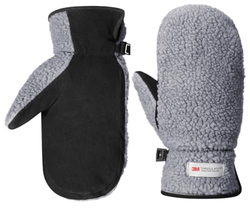 Harssidanzar Herren Winter Fäustlinge Outdoor Handschuhe Wildleder Fleece Thinsulate Winter Fäustlinge Lederhandschuhe SM040EU,Grau/Schwarz,Größe M