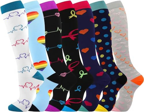 Odtmger Chausettes de Compression (7 Paires) pour Femmes et Hommes Circulation 20-30 mmhg Les Chausettes Hautes sont le Meilleur Soutien pour la Course Sportive, le Cyclisme, Noir, Taille