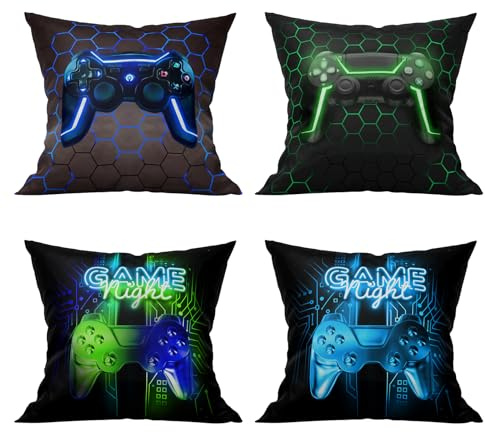 YULUOSHA Gaming Kopfkissenbezüge 45x45 Set of 4, Spiel Kissenbezug für Kinder Jungen Mädchen, Video Game Gamer Dekor, Teens Gamepad Akzent-Kissenbezüge für Zuhause (45 x 45 cm, A)