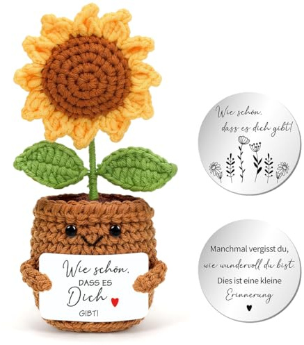 Aurasky Gehäkelte Blumen, Pocket Hug Sonnenblume mit Umarmung Glücksbringer, Gestrickte Blumenpuppe, Positive Blume, Mutmacher Geschenk für Freund Familie Kollegen C26
