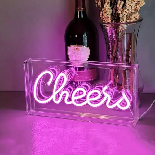 Enseigne Néon Cheers 3D LED Neon Boîte Lumineuse Artistique Panneau Néon pour Décoration de table,bar,pub,Faire la fête,Alimenté par USB 30 x 15 x 4,7 cm(Rose Cheers)