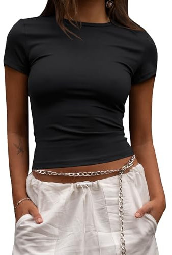 EFFAN Womens Classic Work Out Tops Summer Cropped Gym Shirts Cute Fitted Short Sleeve Tops Crew Neck Tee Black M
